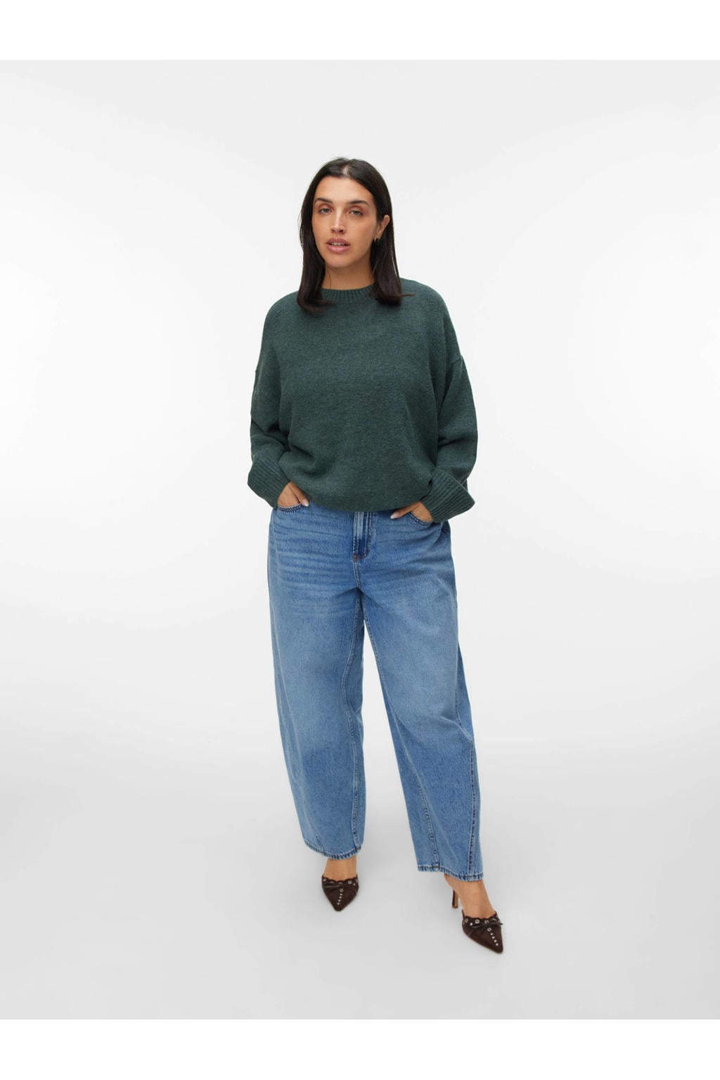 Groene dames VERO MODA CURVE gebreide trui van polyester met effen, lange mouwen en ronde hals