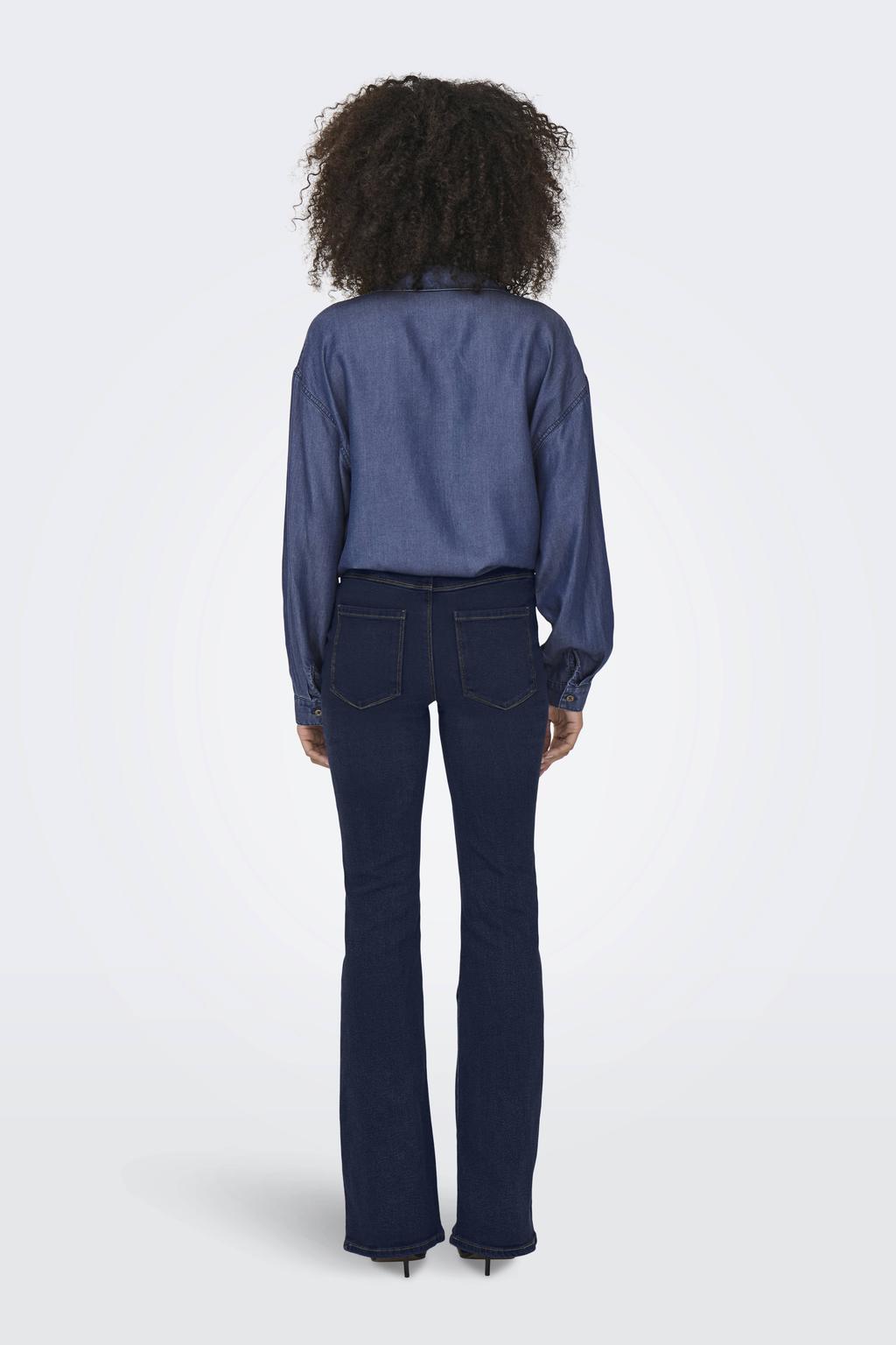 Dark blue denim dames ONLY high waist flared jeans dark blue van denim met rits- en knoopsluiting en effen