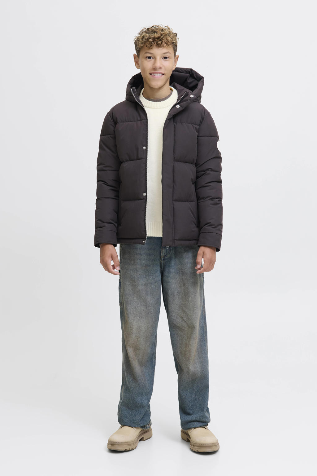 Ecru jongens JACK & JONES JUNIOR pullover gebreid van sweat materiaal met lange mouwen en ronde hals