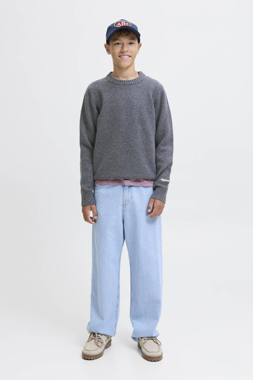 Grijs melange jongens JACK & JONES JUNIOR pullover melange gebreid van sweat materiaal met lange mouwen en ronde hals