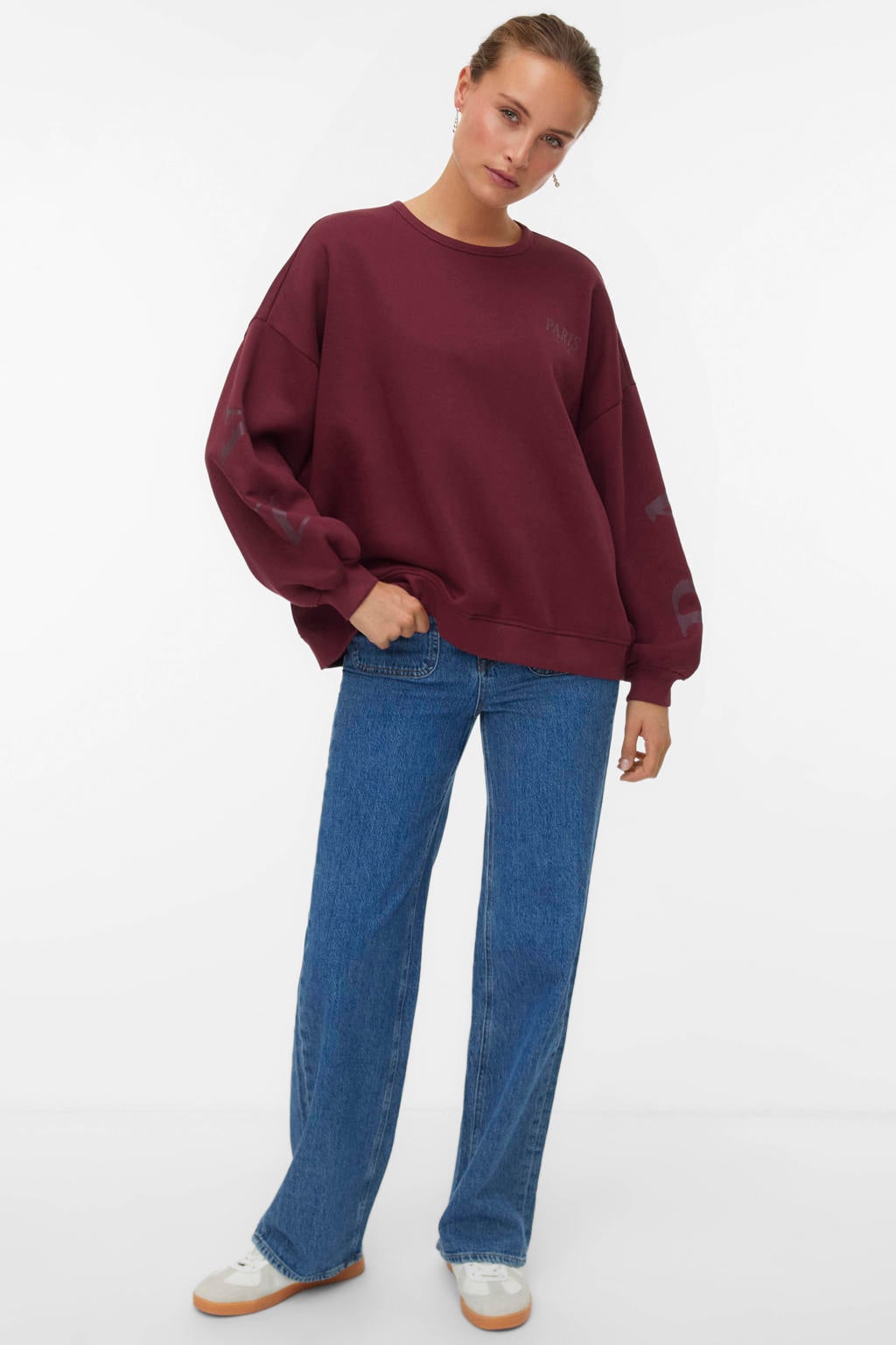 Donkerrode dames VERO MODA sweater van katoen met backprint, lange mouwen, ronde hals en borduursels