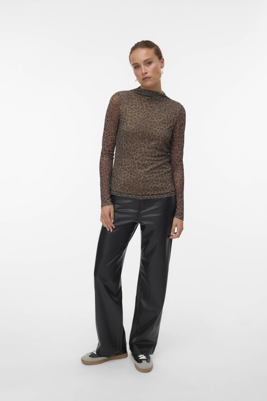 Bruin en zwarte dames VERO MODA top van polyester met dierenprint, lange mouwen, rolkraag en mesh
