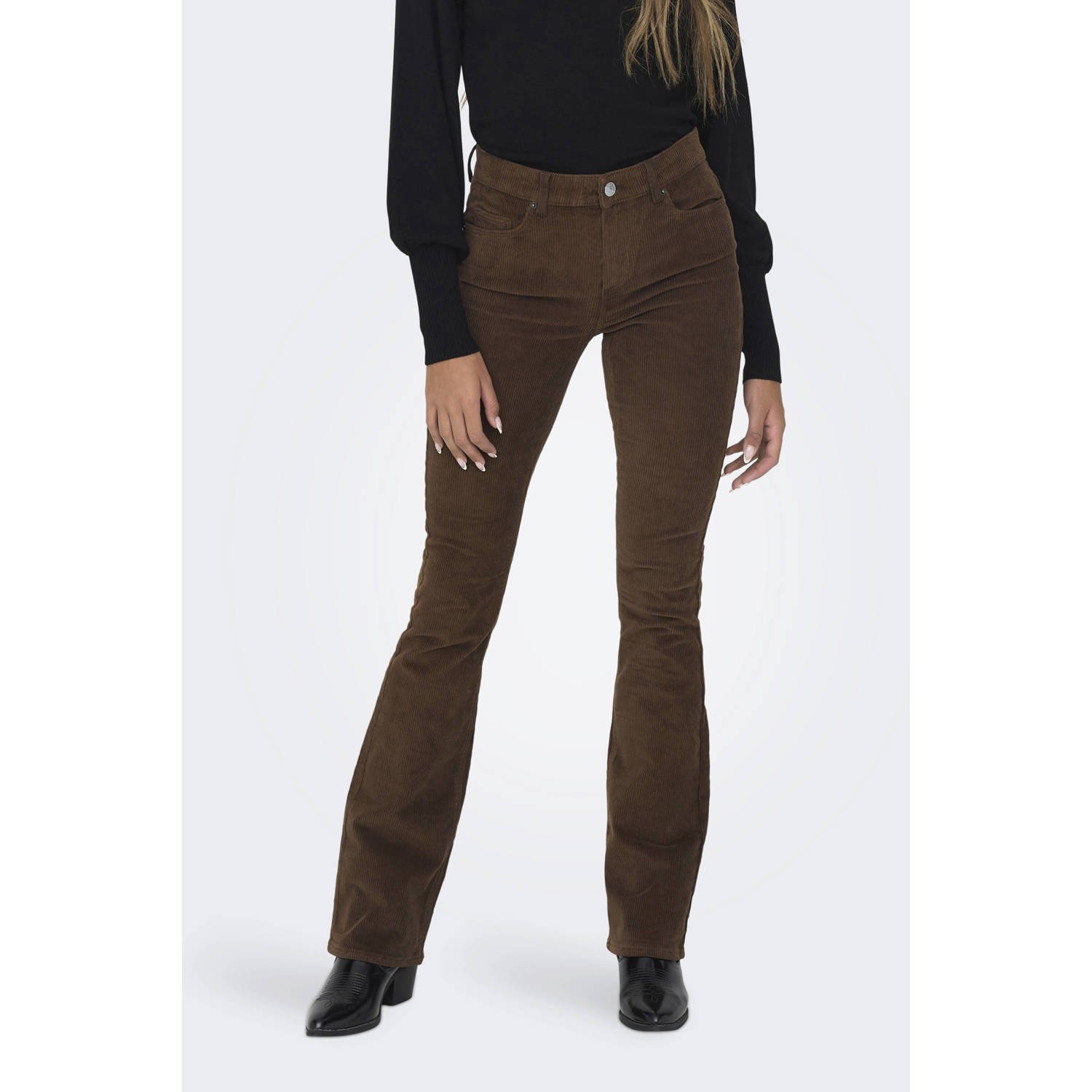 ONLY corduroy flared regular waist flared broek donkerbruin
