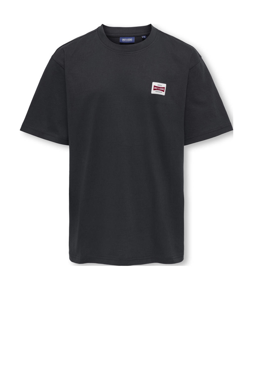 Donkerblauwe jongens ONLY & SONS JUNIOR T-shirt van katoen met effen, korte mouwen en ronde hals