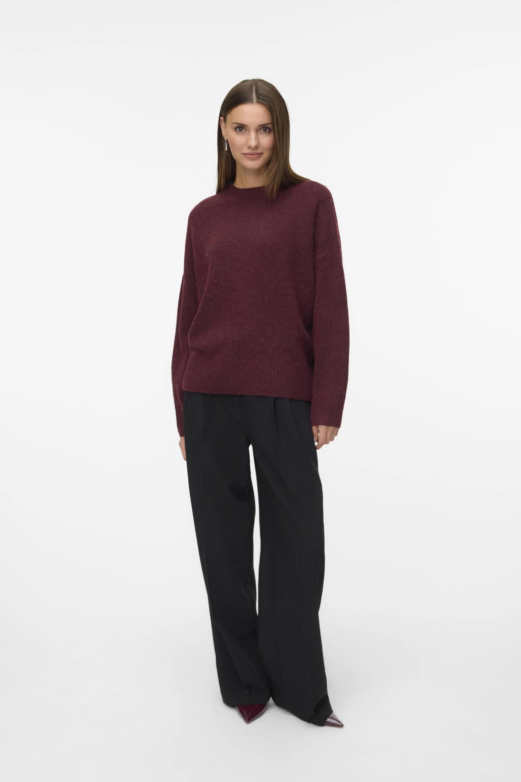 Donkerrode dames VERO MODA trui gebreid van polyester met effen, lange mouwen en ronde hals