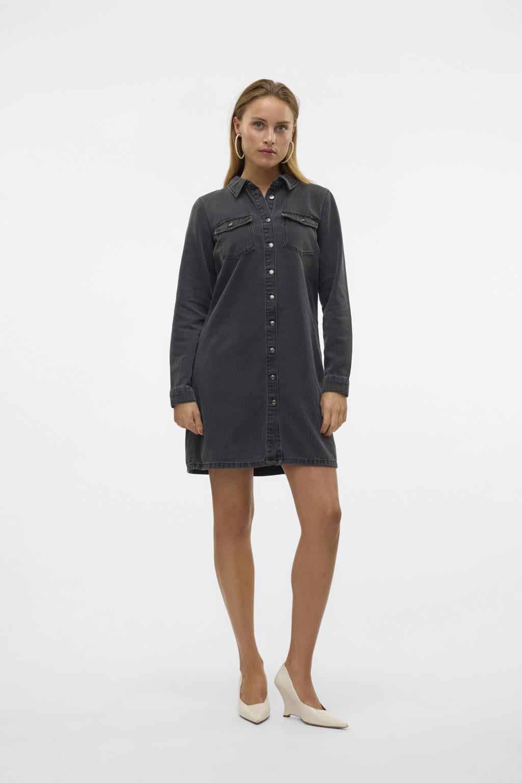 Black denim dames VERO MODA spijkerjurk van denim met effen, lange mouwen, klassieke kraag en knoopsluiting