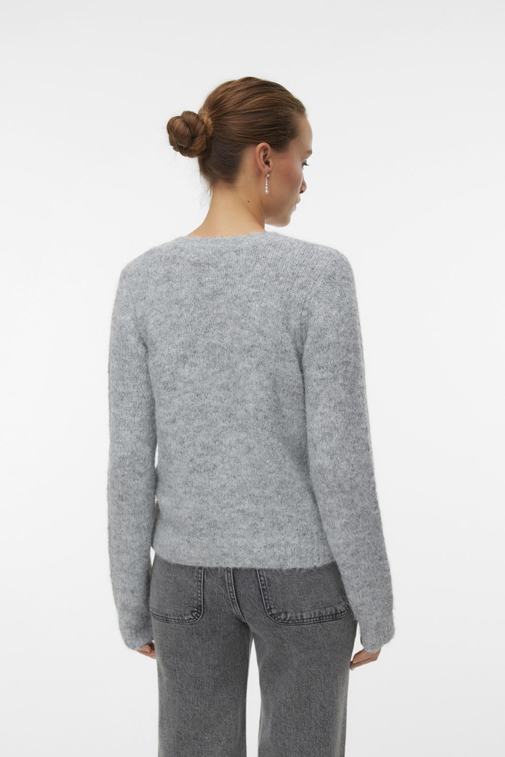 Grijs melange dames VERO MODA wollen gebreid vest melange met effen, lange mouwen, ronde hals en knoopsluiting
