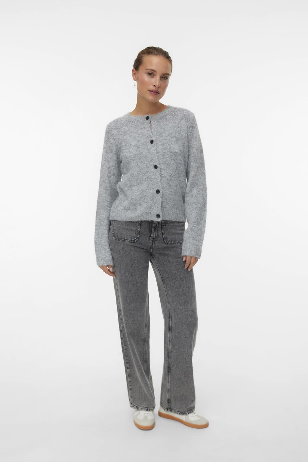 Grijs melange dames VERO MODA wollen gebreid vest melange met effen, lange mouwen, ronde hals en knoopsluiting