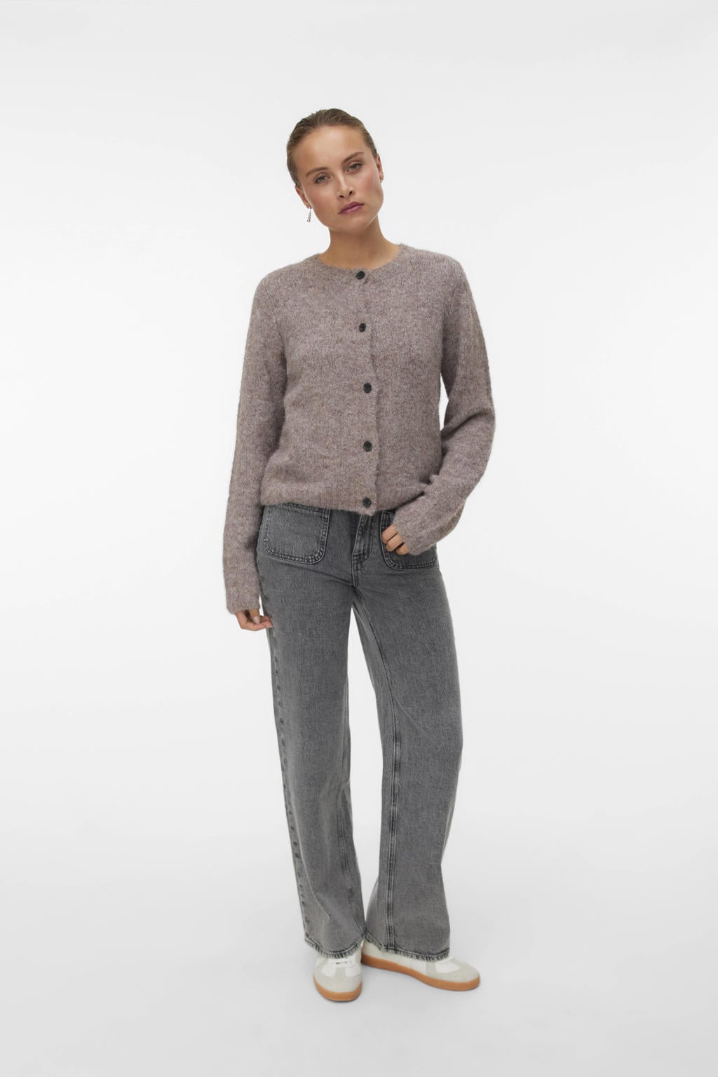 Lichtbruine dames VERO MODA wollen gebreid vest met effen, lange mouwen, ronde hals en knoopsluiting