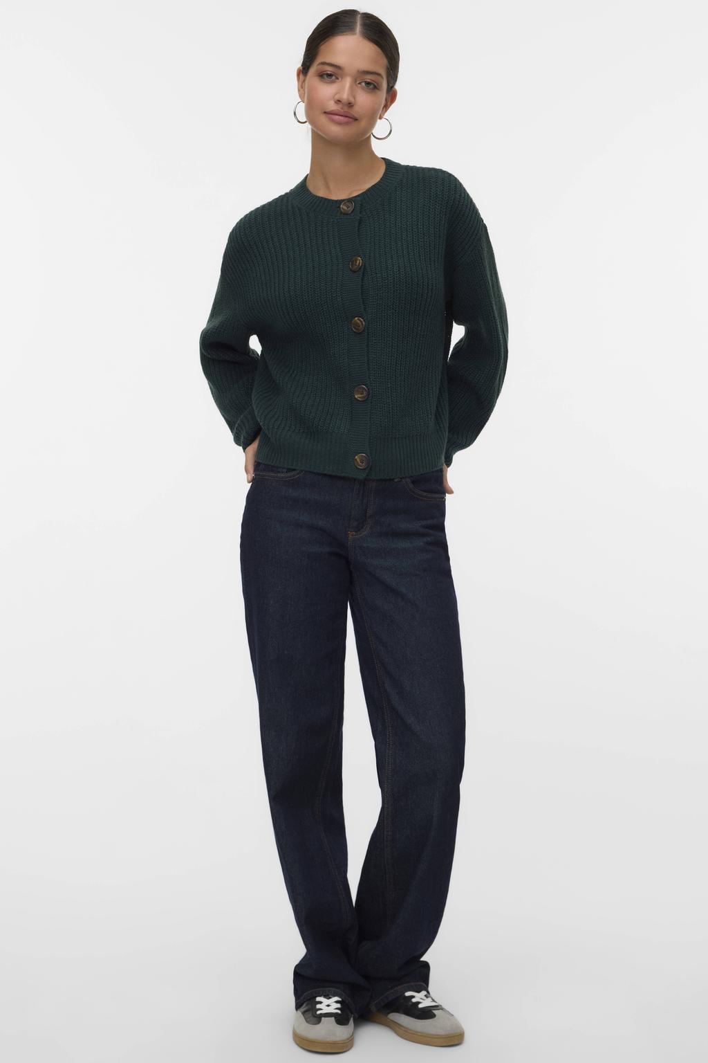 Donkergroene dames VERO MODA gebreid vest van acryl met effen, lange mouwen, ronde hals, knoopsluiting en elastische boord