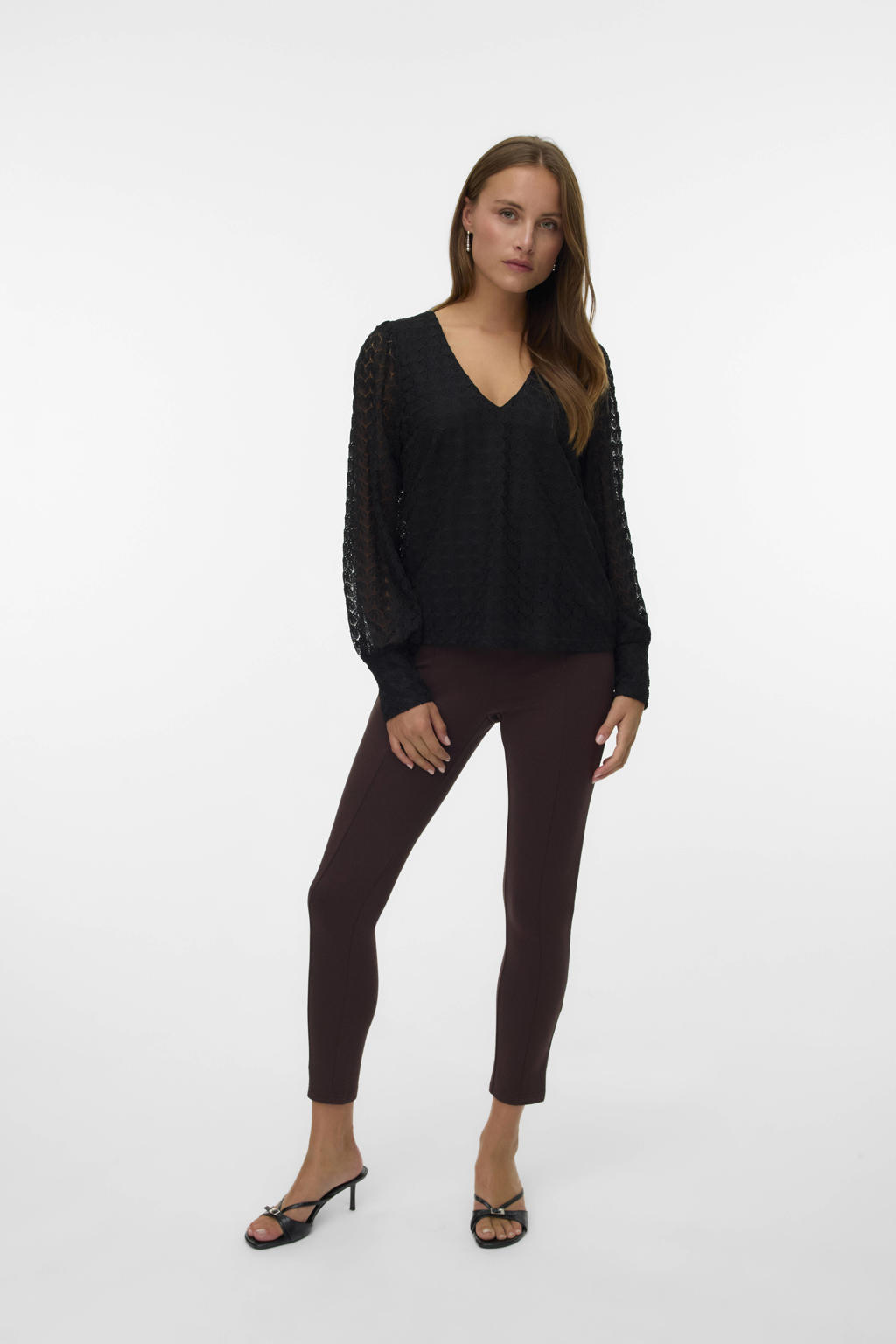 Zwarte dames VERO MODA blousetop van polyester met effen, lange mouwen en V-hals