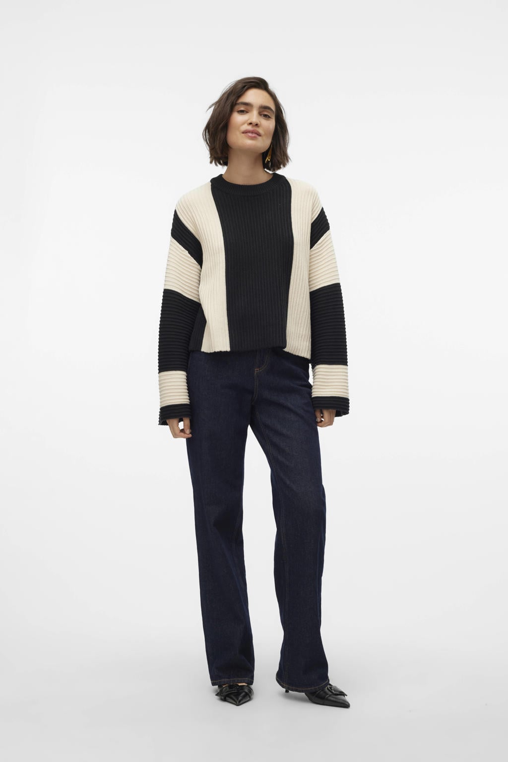 Zwart en ecru dames VERO MODA gebreide trui van acryl met strepenprint, lange mouwen en ronde hals