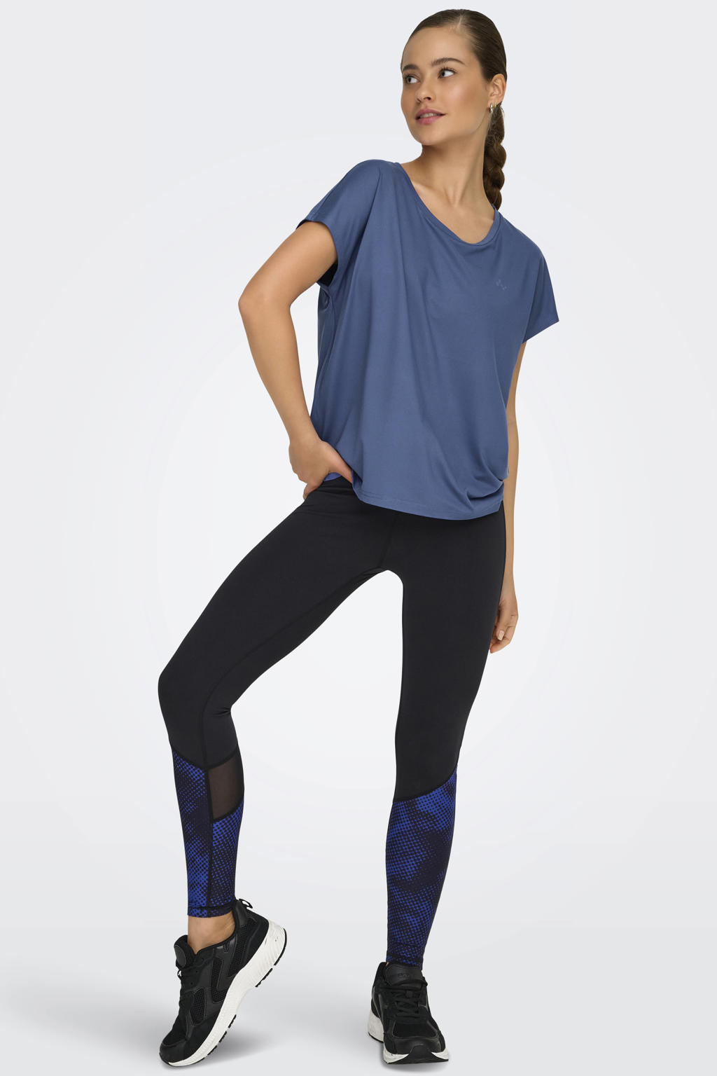 Blauwe dames ONLY PLAY sportshirt van polyester met effen, korte mouwen en ronde hals