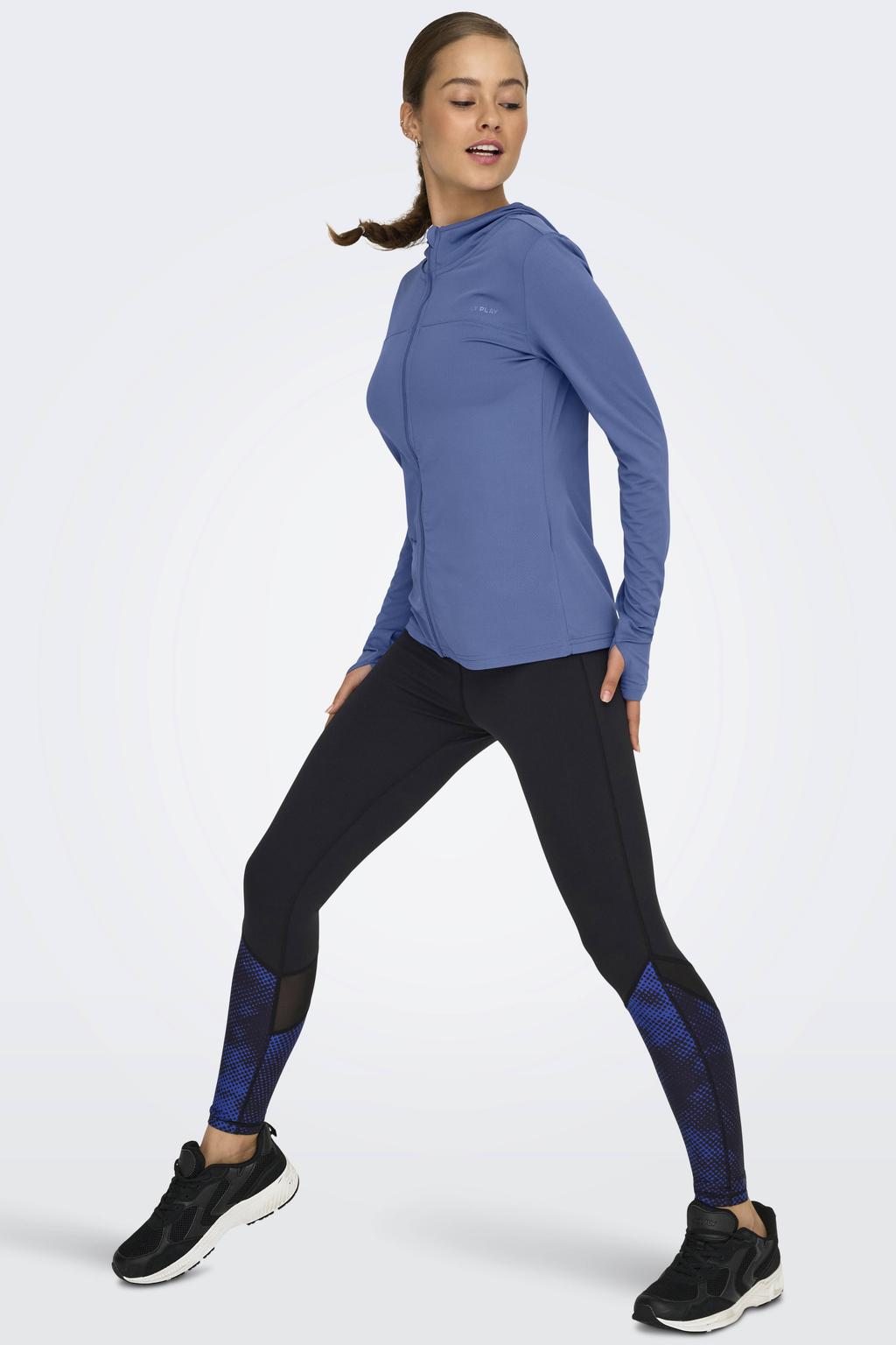 Blauwe dames ONLY PLAY sportvest van polyester met effen, lange mouwen, capuchon en ritssluiting