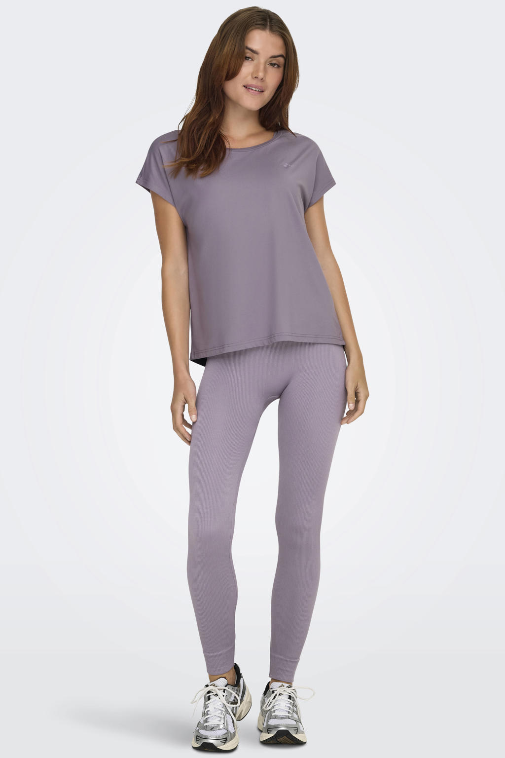 Lilakleurige dames ONLY PLAY sportshirt van polyester met effen, korte mouwen en ronde hals