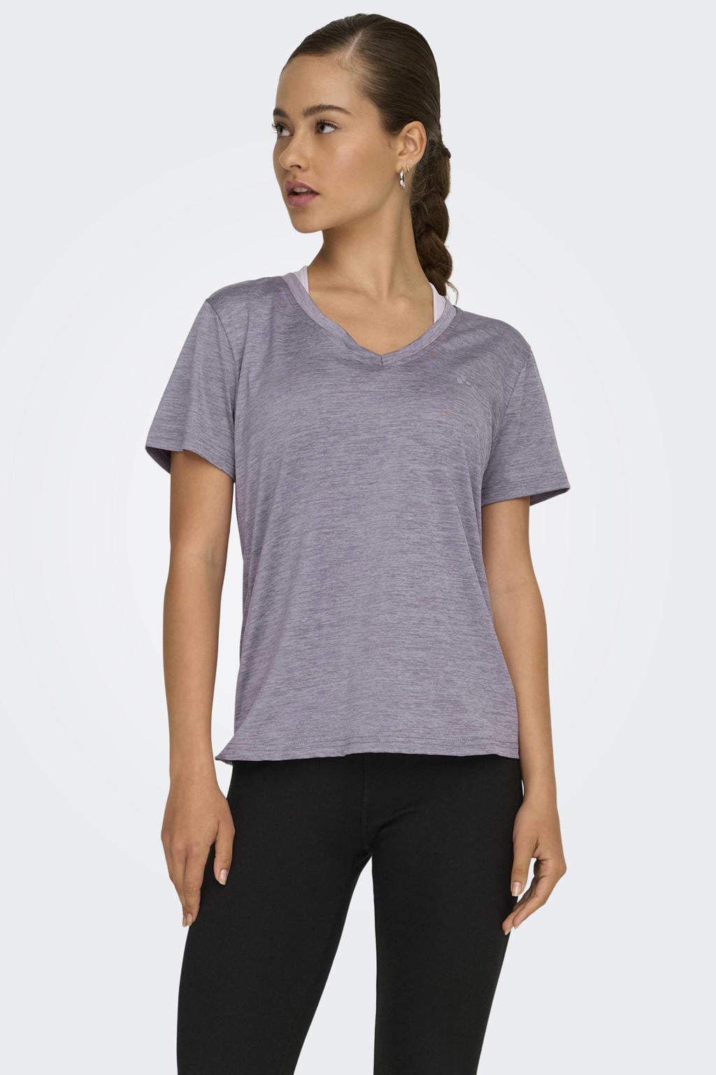 Lilakleurige dames ONLY PLAY sportshirt van polyester met korte mouwen en V-hals