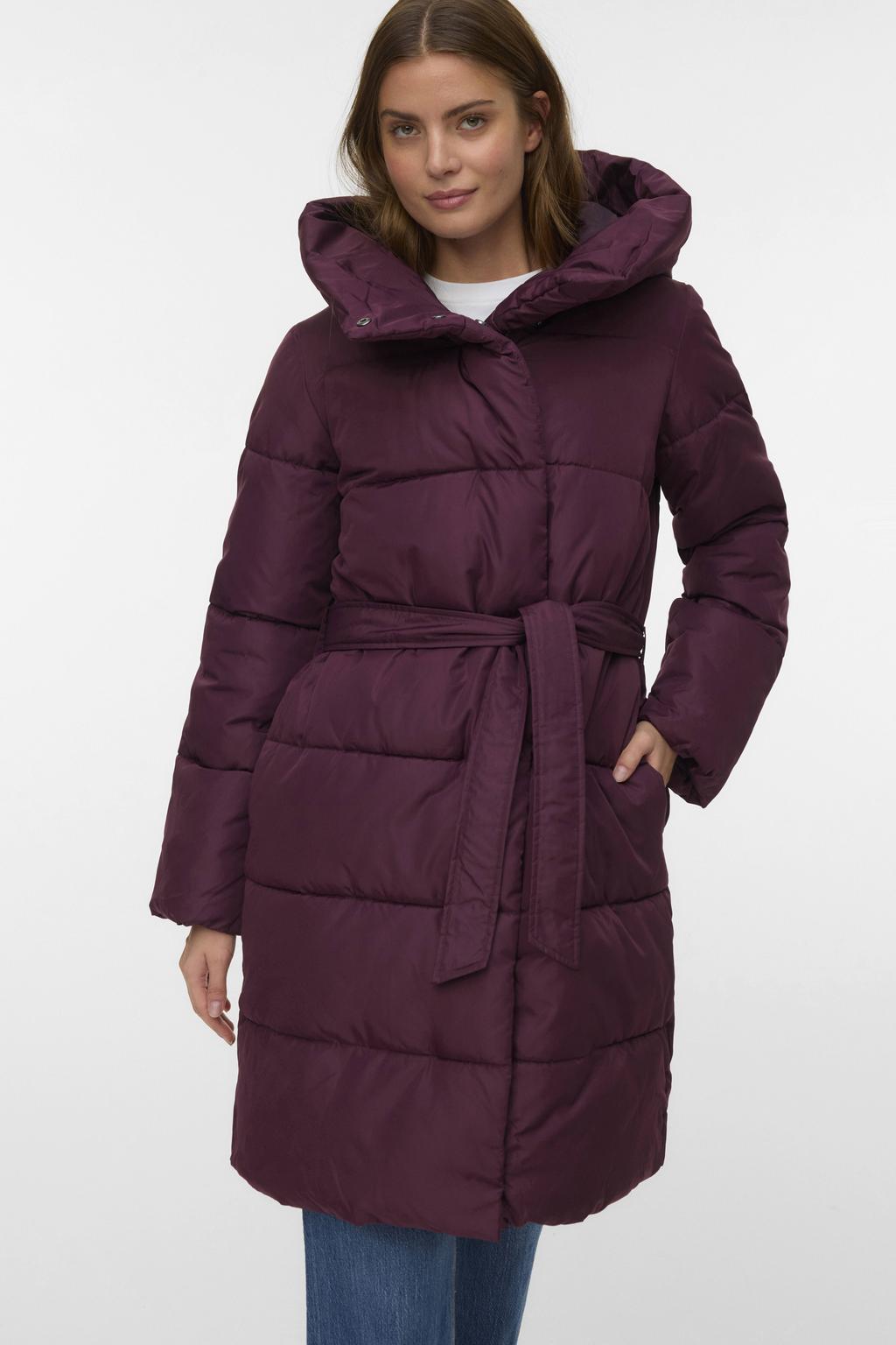 Donkerrode dames VERO MODA gewatteerde jas van polyester met effen, lange mouwen, capuchon en ritssluiting