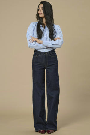 high waist straight leg jeans dark blue denim