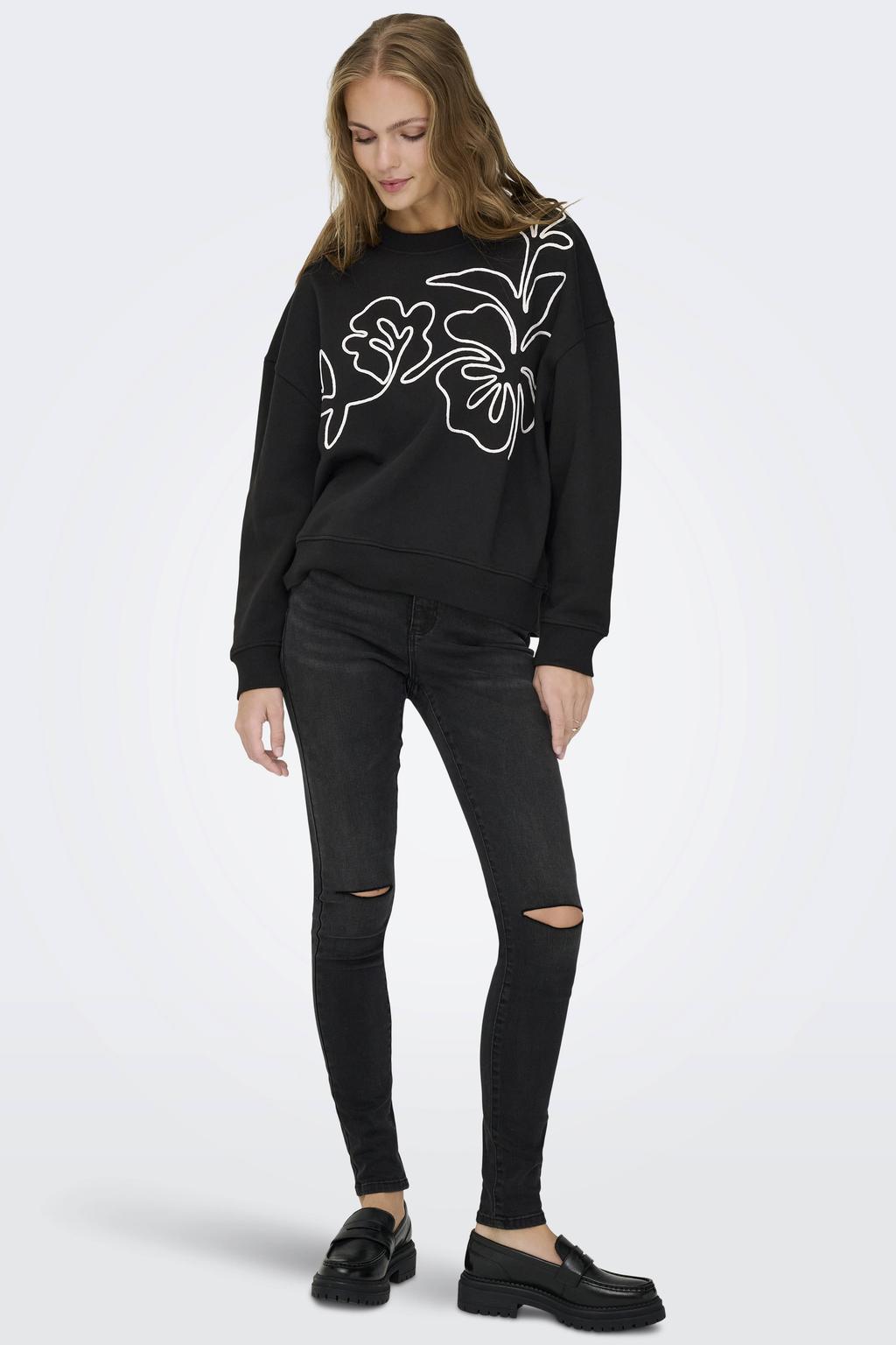 Zwarte dames JDY sweater van polyester met printopdruk, lange mouwen, ronde hals en elastische boord