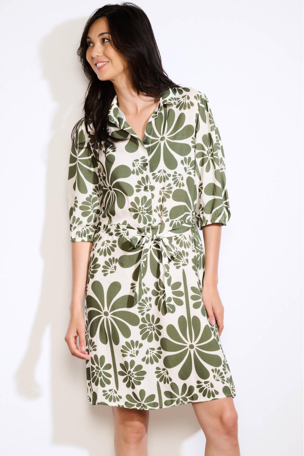 Kaki en ecru dames LOLALIZA blousejurk van viscose met bloemenprint, half lange mouwen, klassieke kraag en knoopsluiting