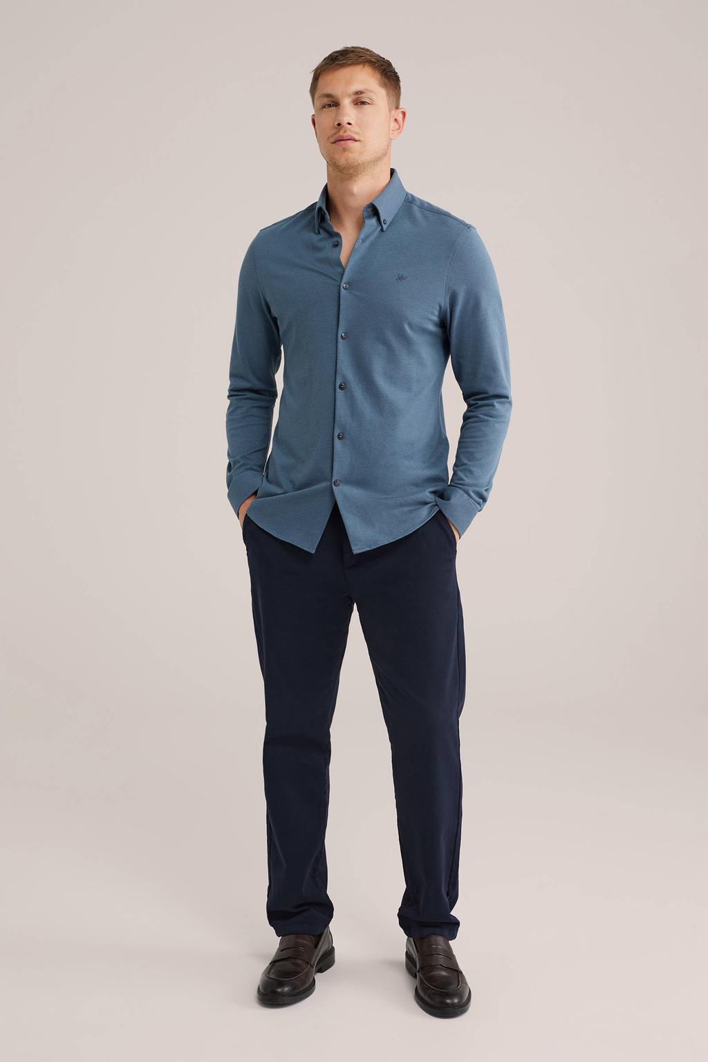 Grijsblauwe heren WE Fashion casual overhemd blauw van katoen met effen, lange mouwen, button down sluiting en knoopsluiting