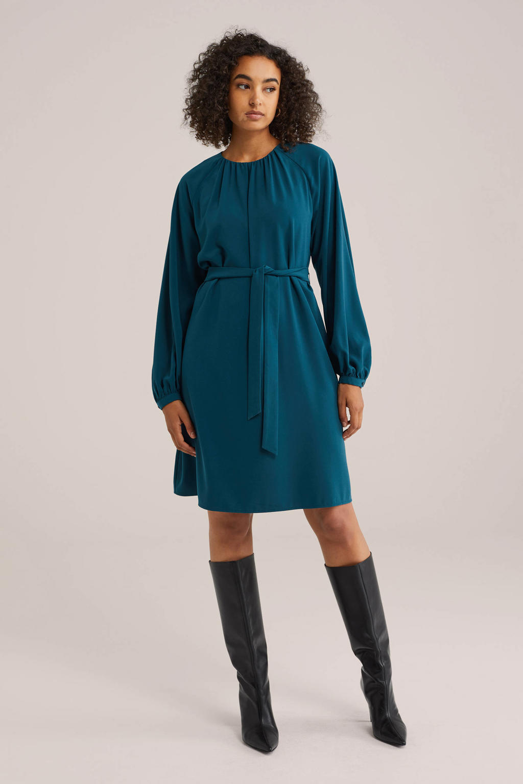 Petrol en multikleurige dames WE Fashion jurk van polyester met lange mouwen, ronde hals en striksluiting