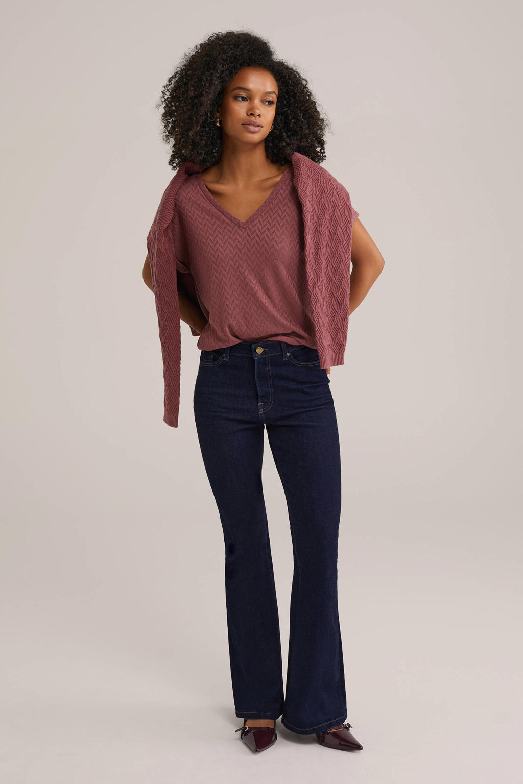 Oudroze dames WE Fashion top van polyester met effen, korte mouwen en V-hals