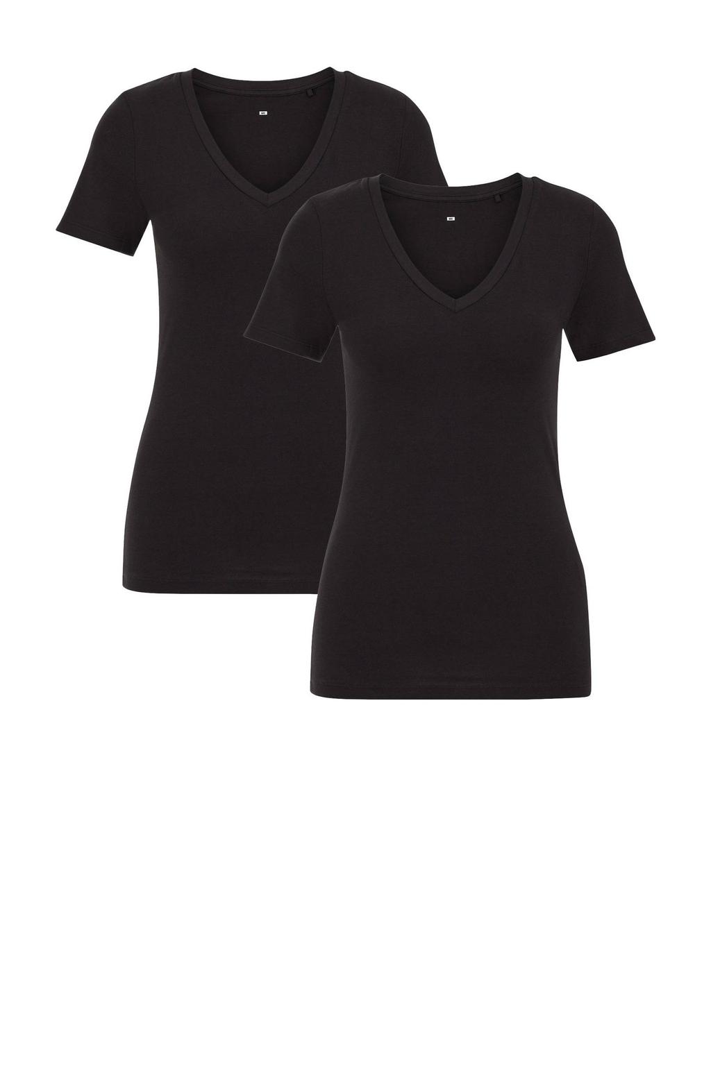 Zwarte dames WE Fashion pack T-shirt van katoen met effen, korte mouwen en V-hals