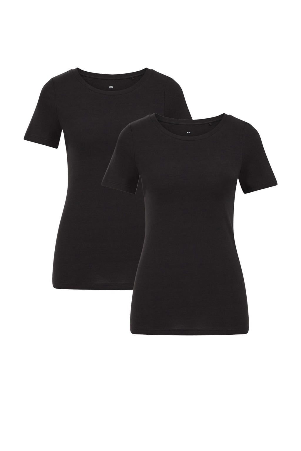 Zwarte dames WE Fashion 2 pack T-shirt van katoen met effen, korte mouwen en ronde hals