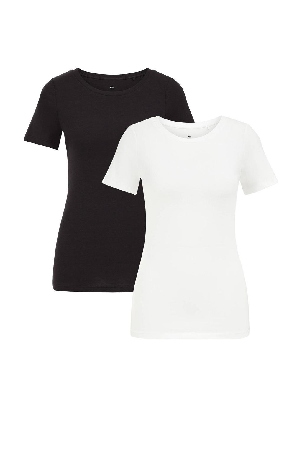 Zwart en witte dames WE Fashion 2 pack T-shirt van katoen met effen, korte mouwen en ronde hals