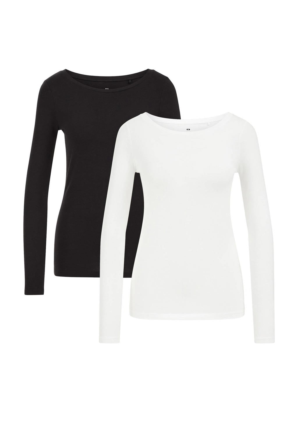 Zwart en witte dames WE Fashion 2 pack longsleeve T-shirt van katoen met effen, lange mouwen en ronde hals