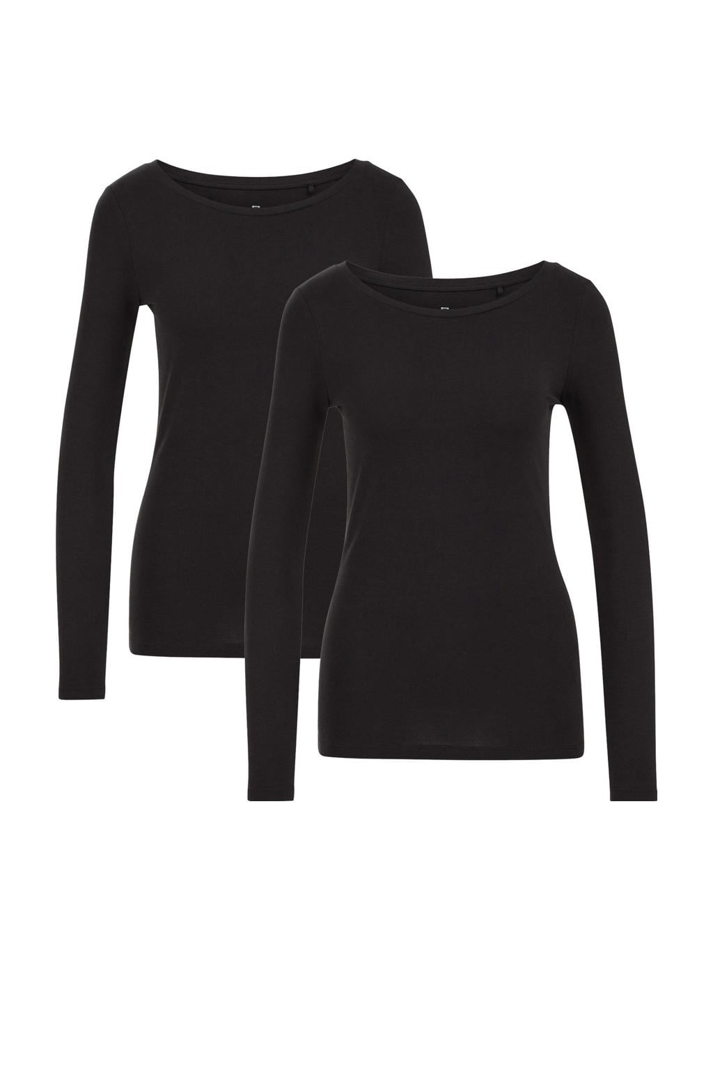 Zwarte dames WE Fashion 2 pack longsleeve T-shirt van katoen met effen, lange mouwen en ronde hals