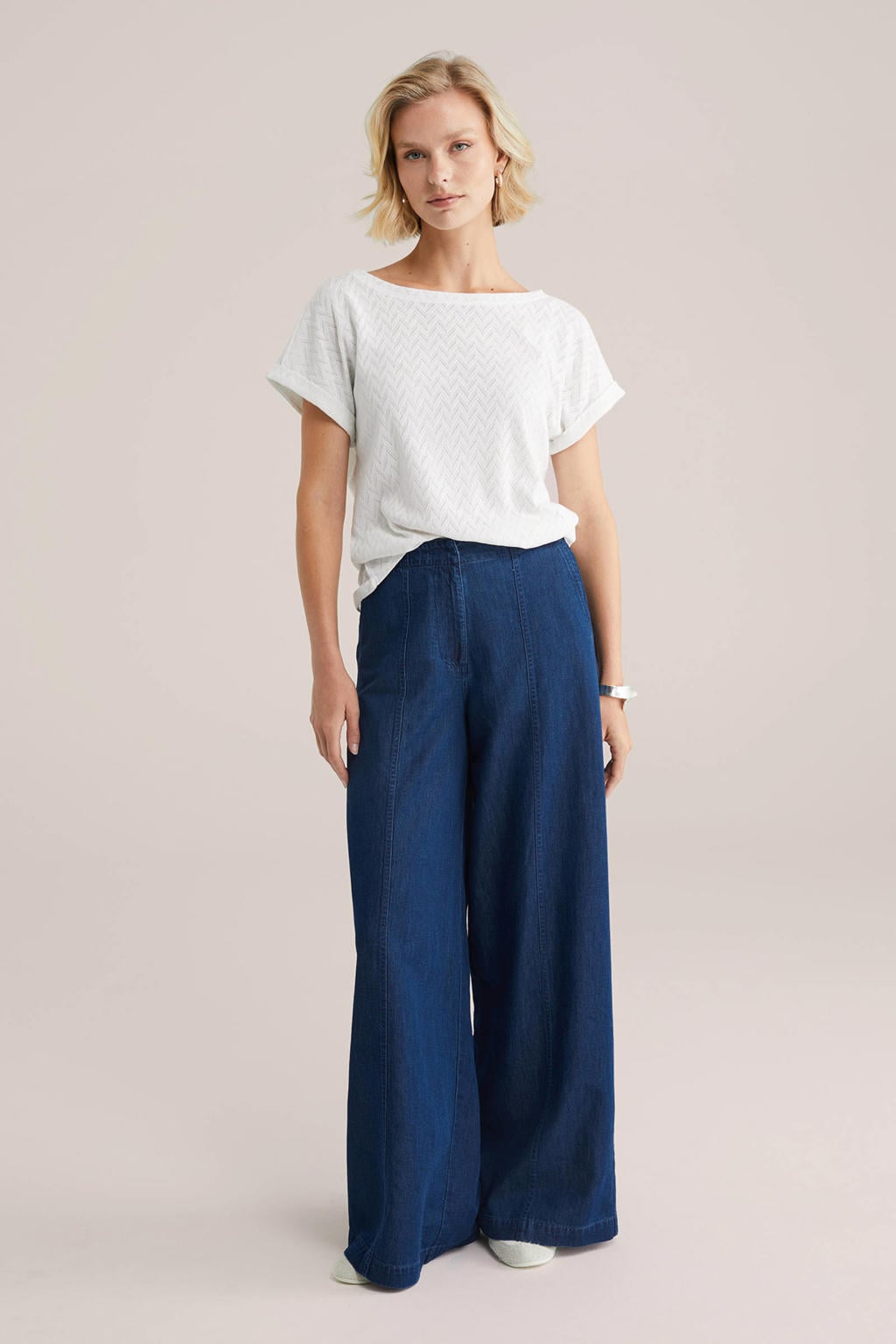 Witte dames WE Fashion T-shirt van polyester met effen, korte mouwen en ronde hals