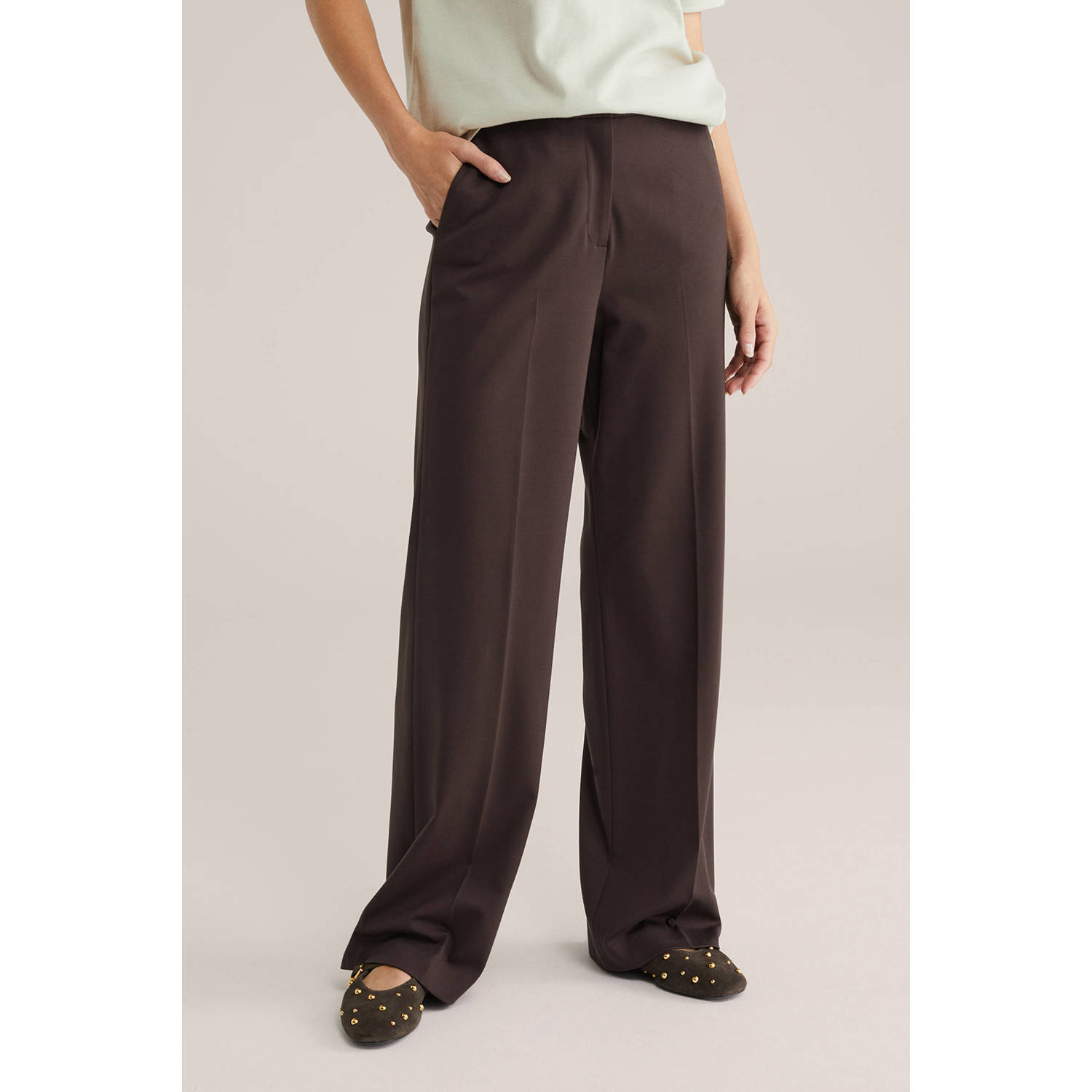 WE Fashion jersey high waist pantalon donkerbruin