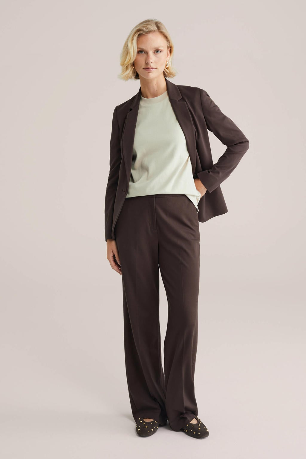 Donkerblauwe dames WE Fashion jersey high waist pantalon van viscose met loose fit, rits- en knoopsluiting en effen
