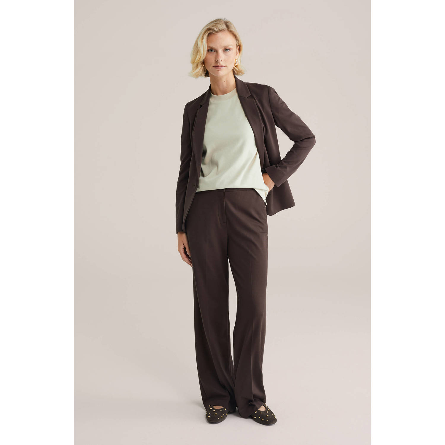 WE Fashion jersey high waist pantalon donkerbruin