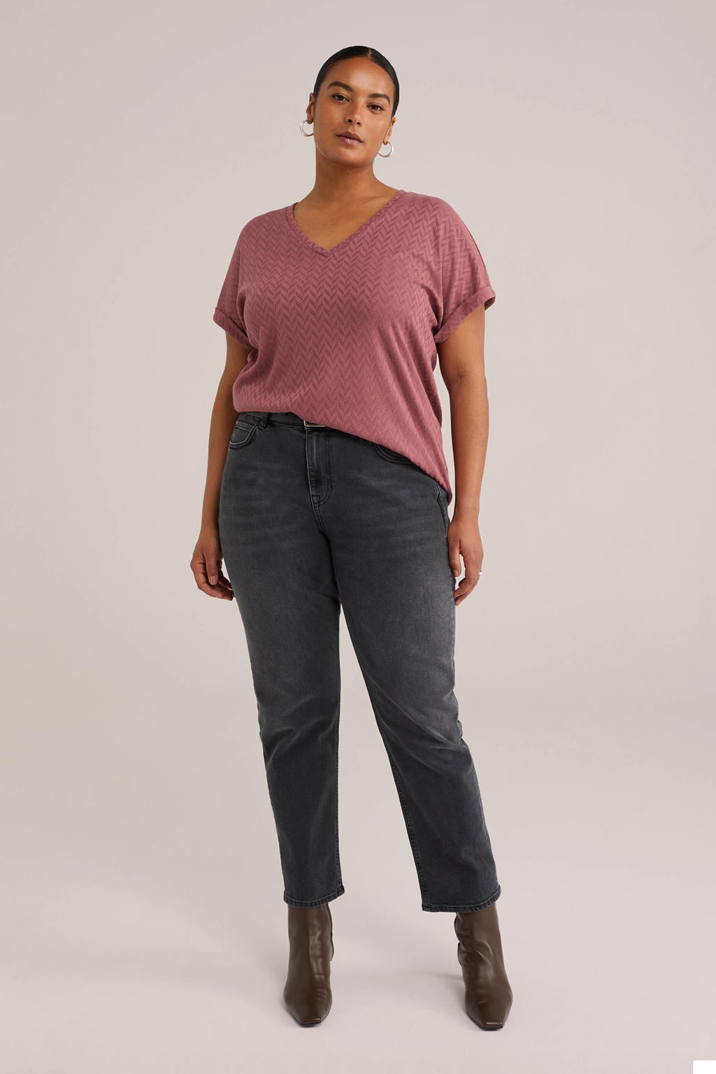 Oudroze dames WE Fashion Curve top van polyester met effen, korte mouwen en V-hals