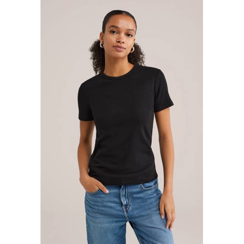 WE Fashion T-shirt geribbeld zwart afbeelding