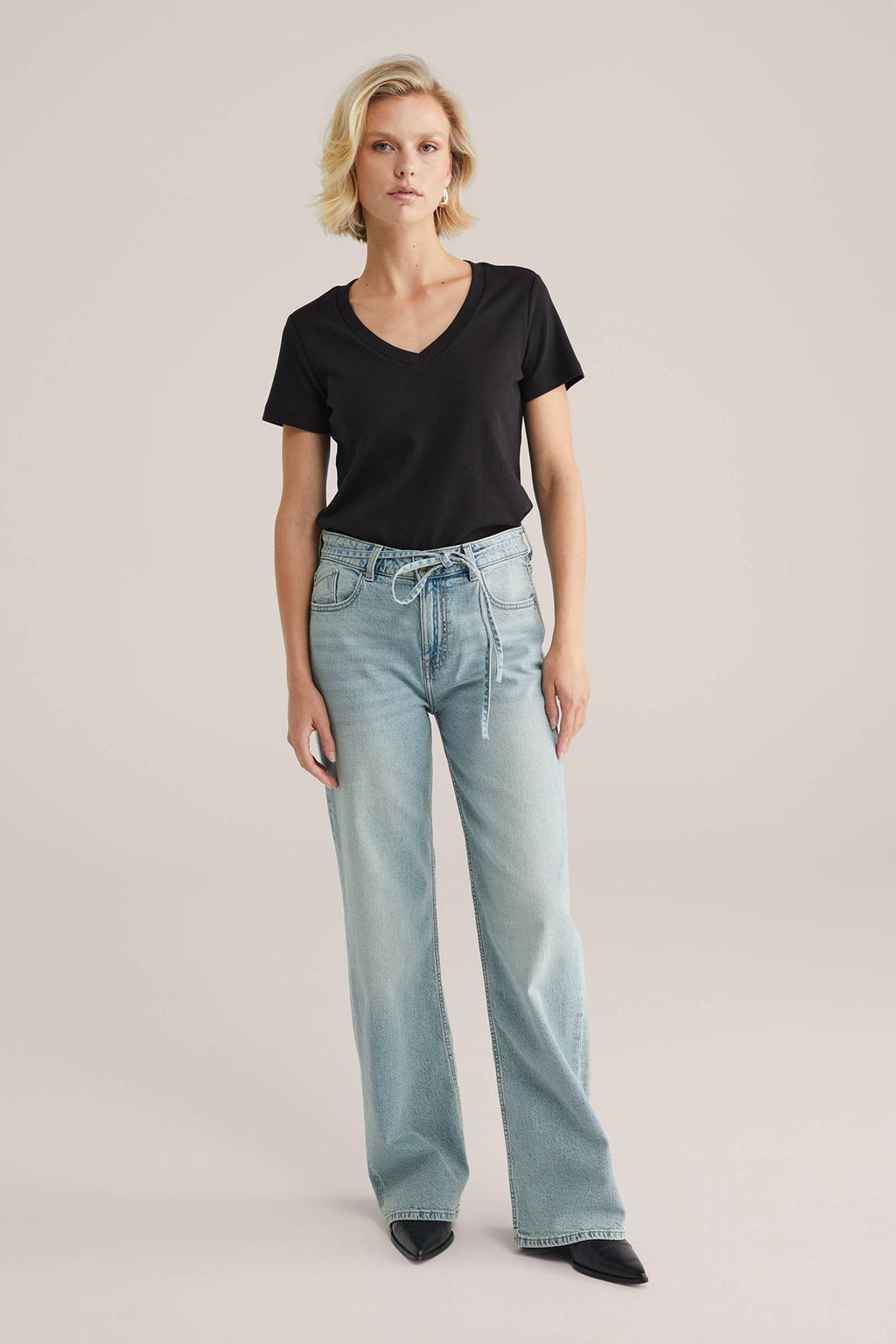 Zwarte dames WE Fashion T-shirt van katoen met effen, korte mouwen en ronde hals