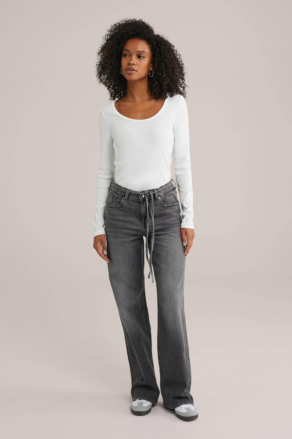 Witte dames WE Fashion longsleeve katoen met effen, lange mouwen en ronde hals
