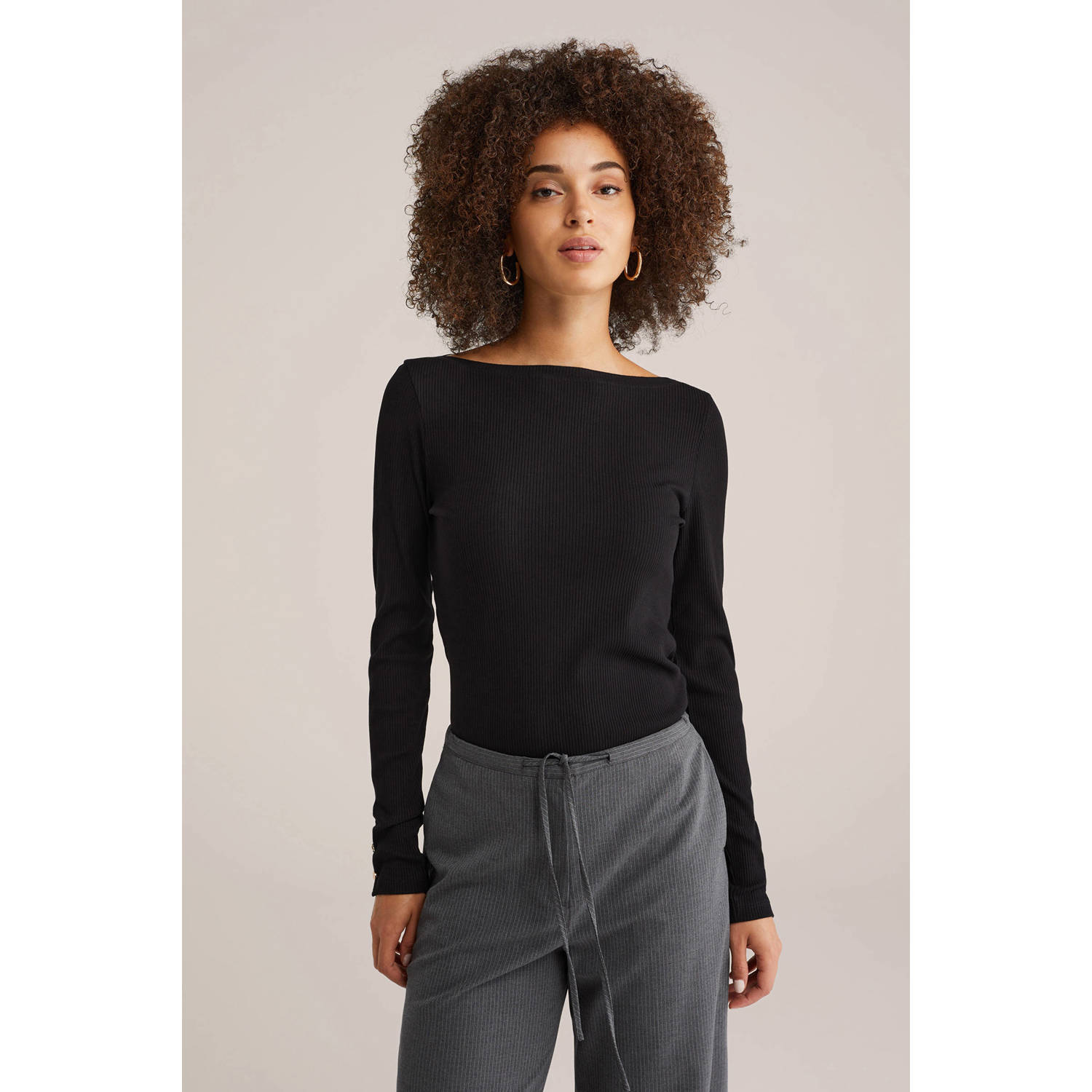 WE Fashion top zwart rib gebreid