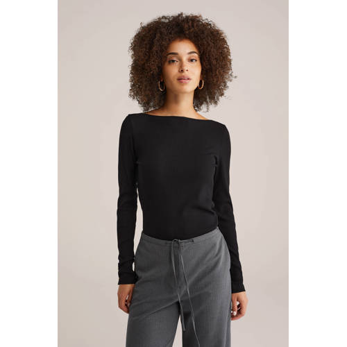 WE Fashion top zwart rib gebreid afbeelding