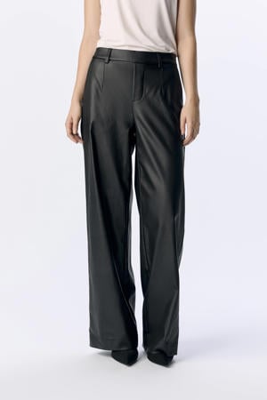 imitatieleren wide leg regular waist casual broek zwart
