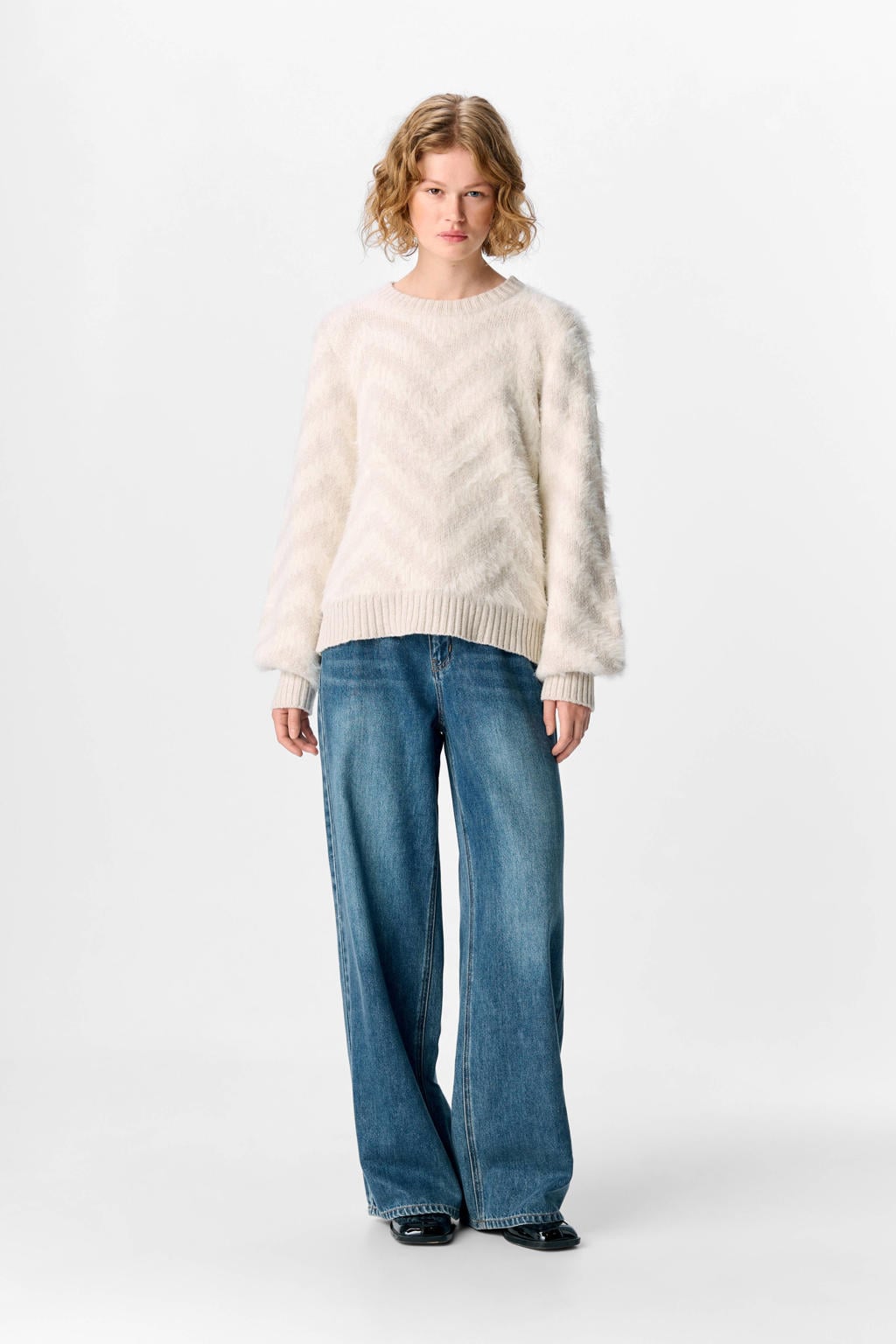 Witte dames OBJECT gestreepte trui gebreid van polyester met lange mouwen en ronde hals