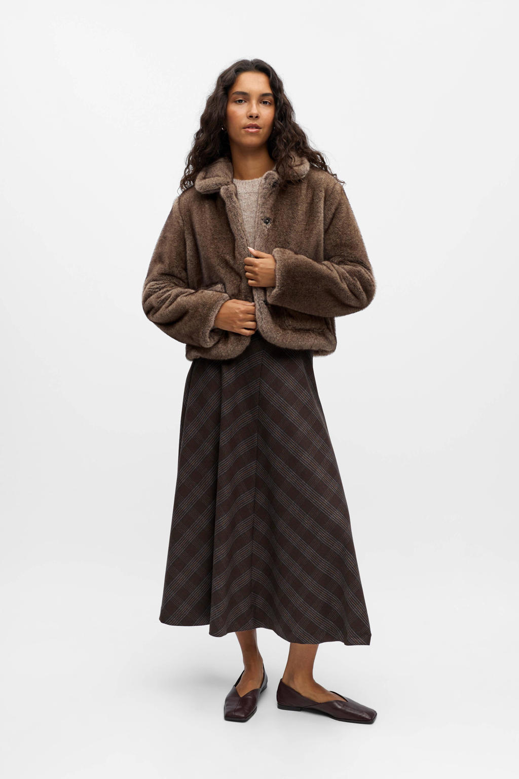 Bruine dames OBJECT faux fur jas van polyester met effen en lange mouwen