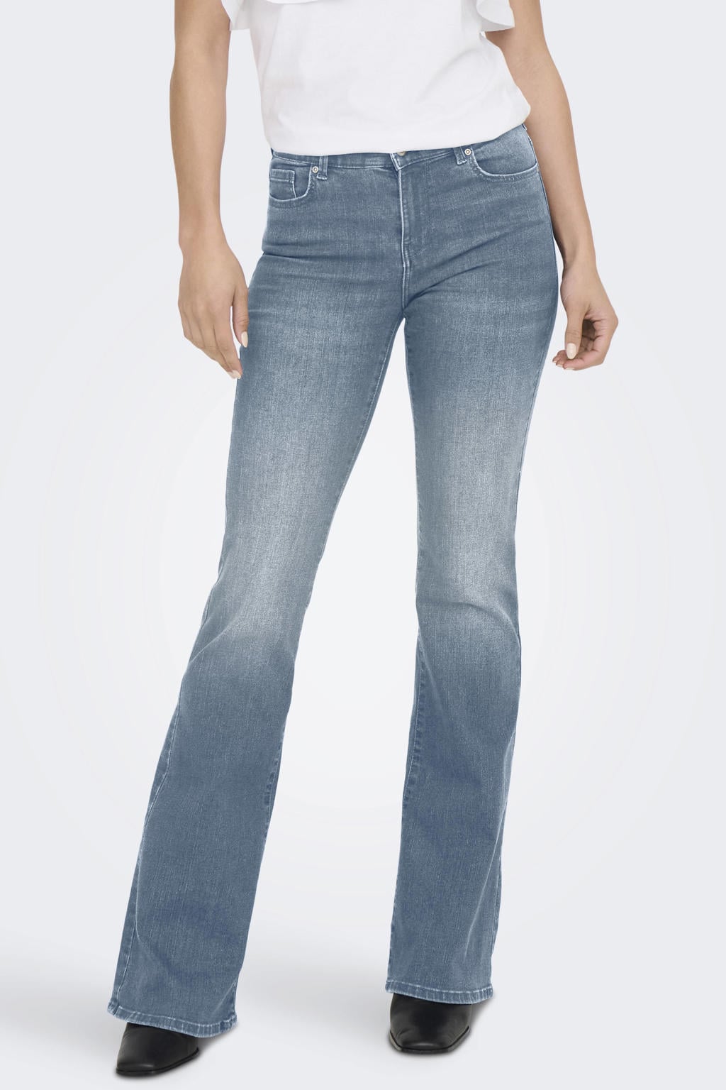 Light blue denim dames ONLY flared jeans van stretchdenim met regular waist, rits- en knoopsluiting en effen