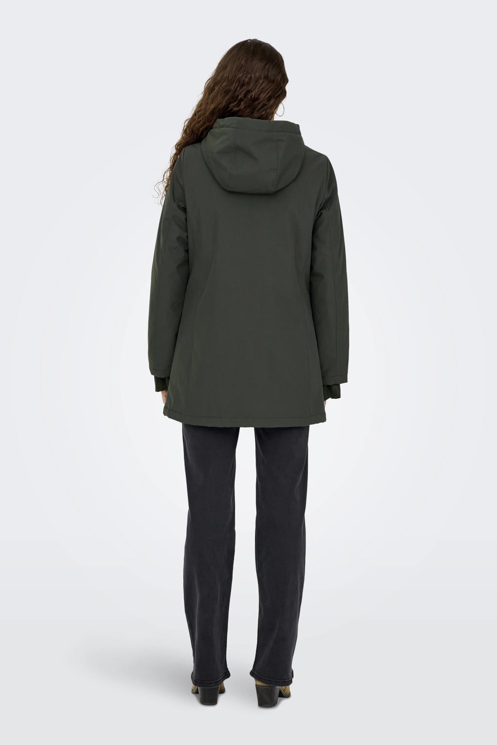 Donkergroene dames ONLY parka van polyester met effen, lange mouwen, capuchon en rits- en knoopsluiting