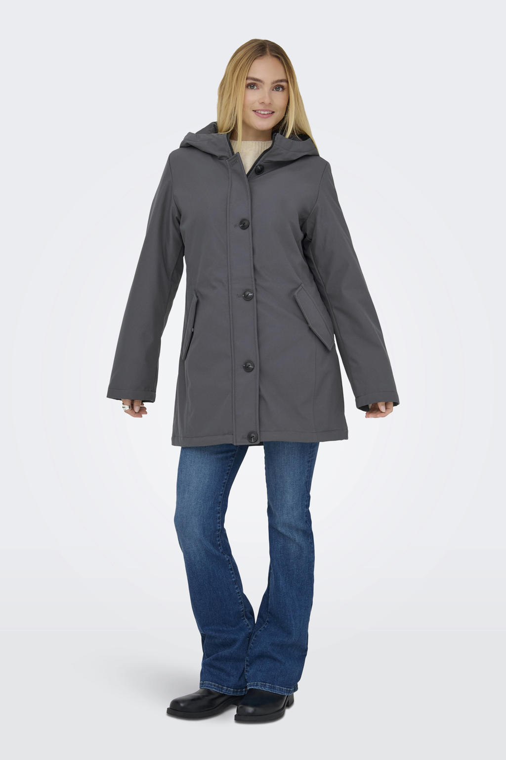 Antraciete dames ONLY parka van polyester met effen, lange mouwen, capuchon en rits- en knoopsluiting