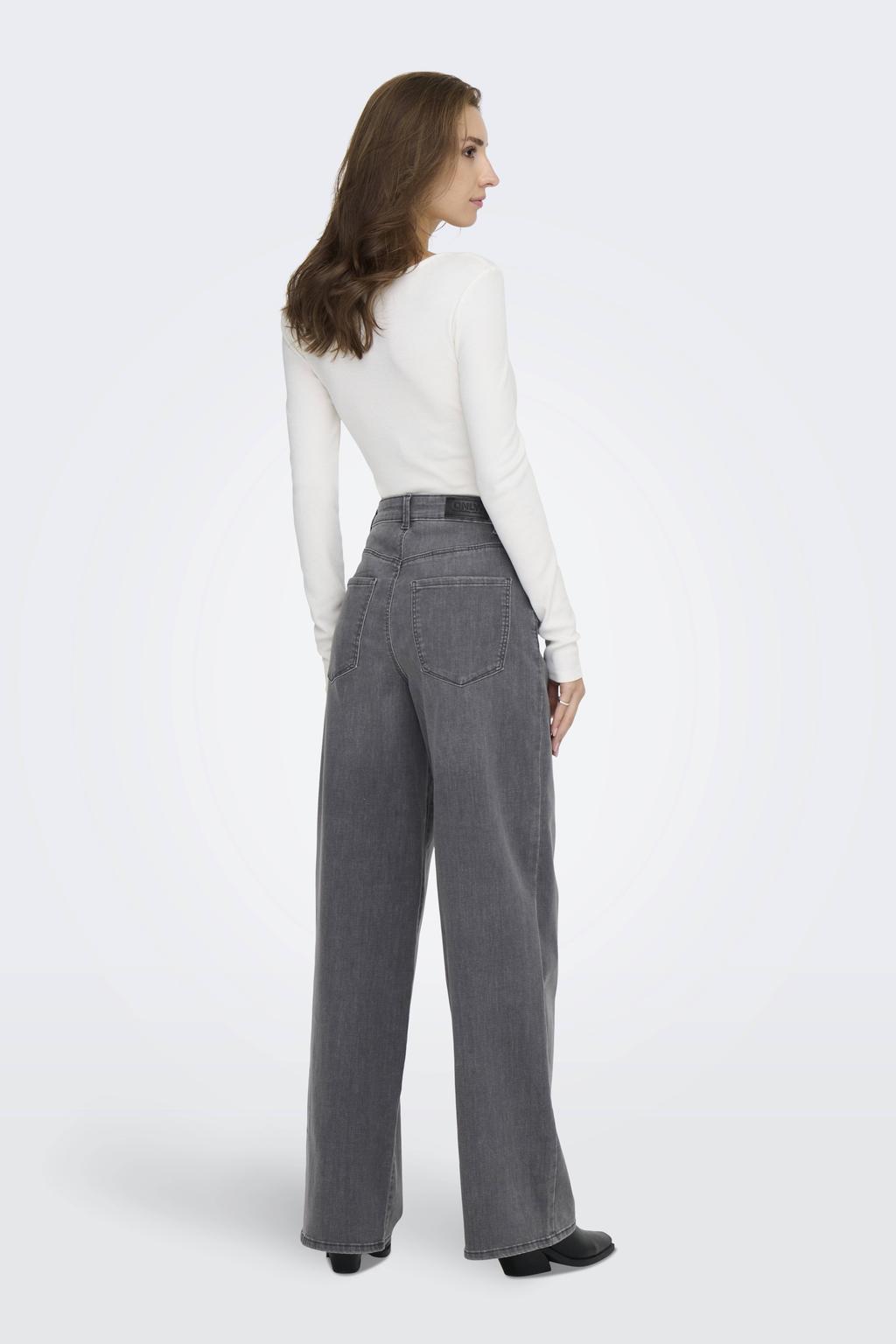 Grey denim dames ONLY high waist wide leg jeans van denim met rits- en knoopsluiting en effen