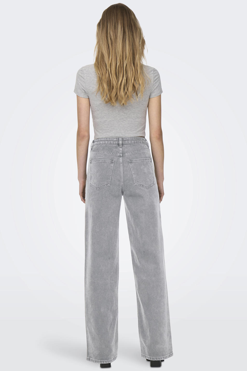Grey denim dames ONLY high waist wide leg jeans van denim met rits- en knoopsluiting en effen